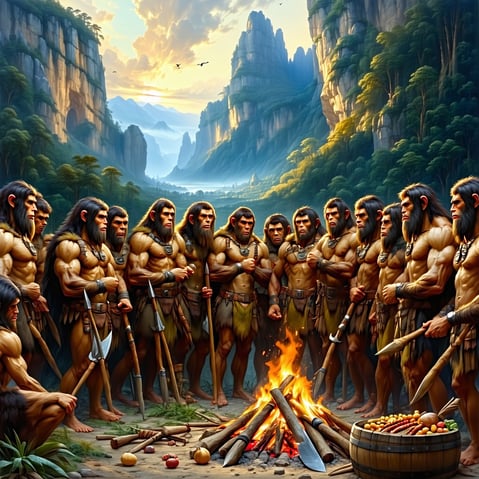 A dramatic, highly detailed digital painting of a group of early Homo sapiens standing together in triumph, showcasing their teamwork and cooperation